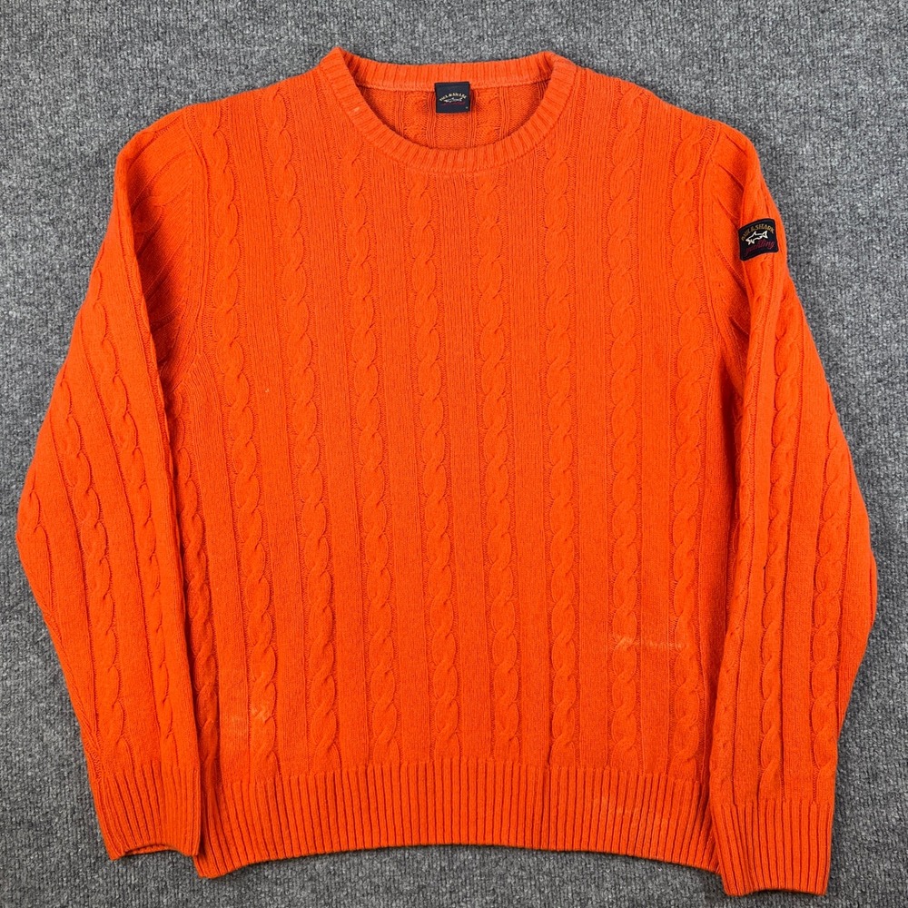 Paul & Shark Yachting Sweater Mens M Orange Cable Knit Wool Blend Crewneck